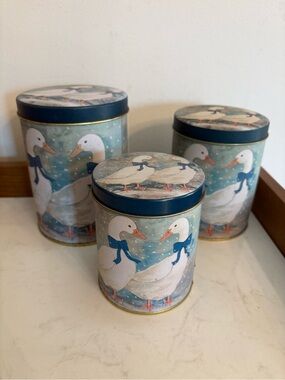 Set of 3 Decorative Hoose/Duck Stacking  Tin Canisters - Blue & White